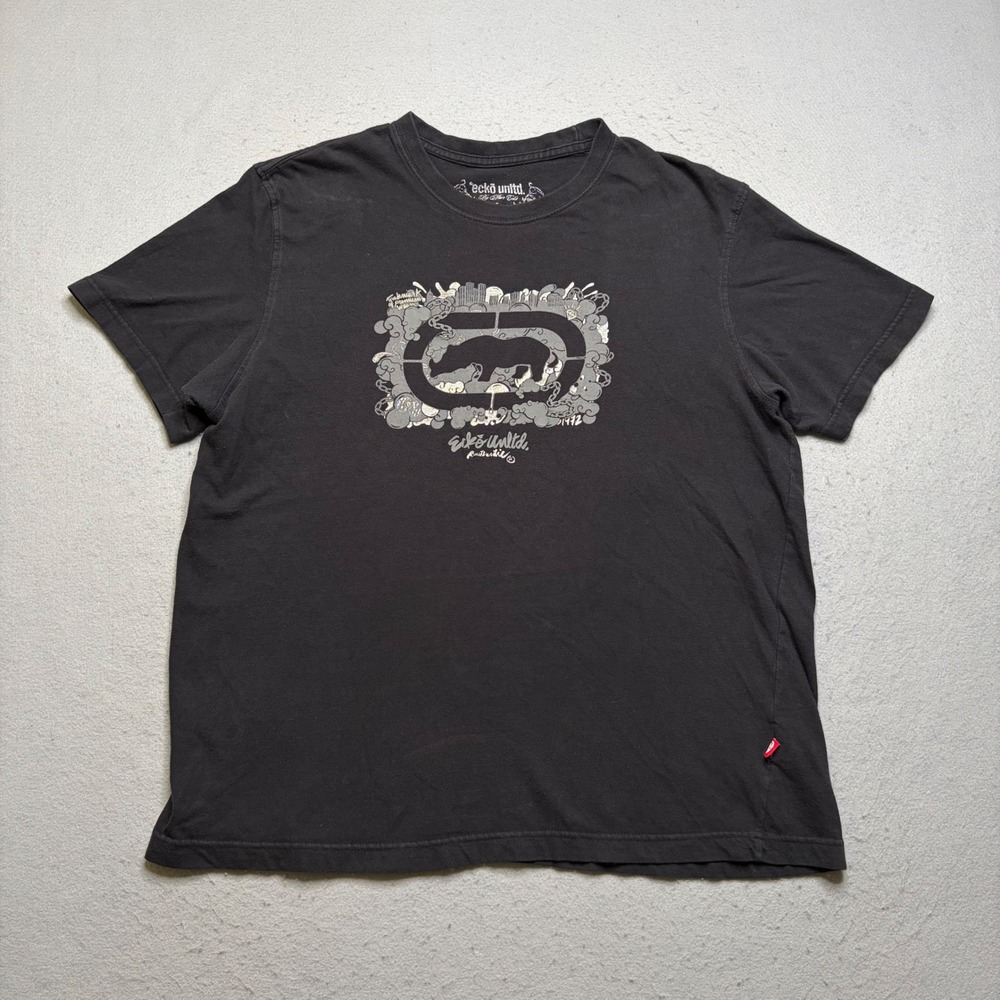 Ecko Unltd T-Shirt Mens L Black Rhino Graphic Y2K Faded Streetwear Tee